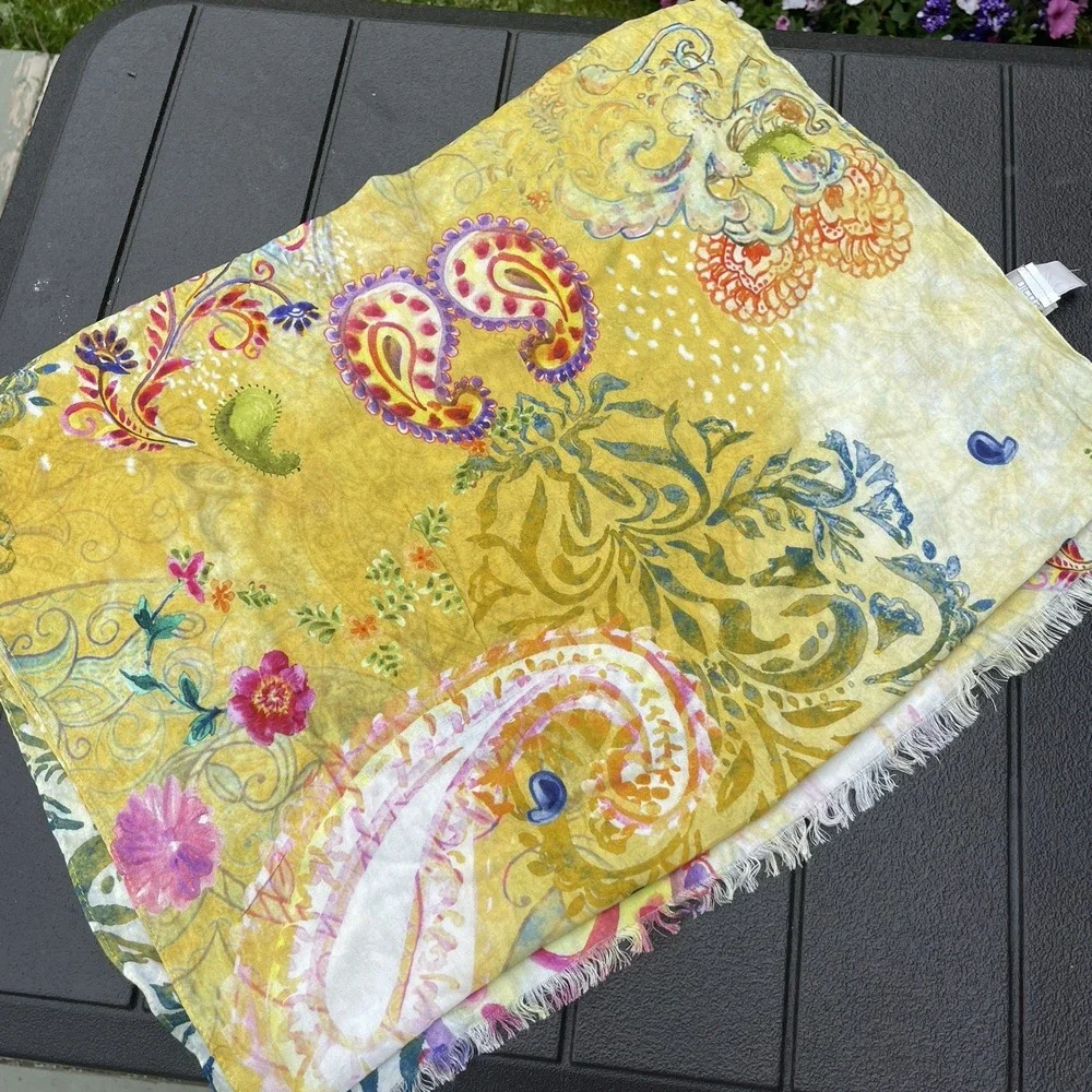 Chico's Floral Paisley Square Scarf Sheer Raw Hem Yellow Multi-Color Lightweight